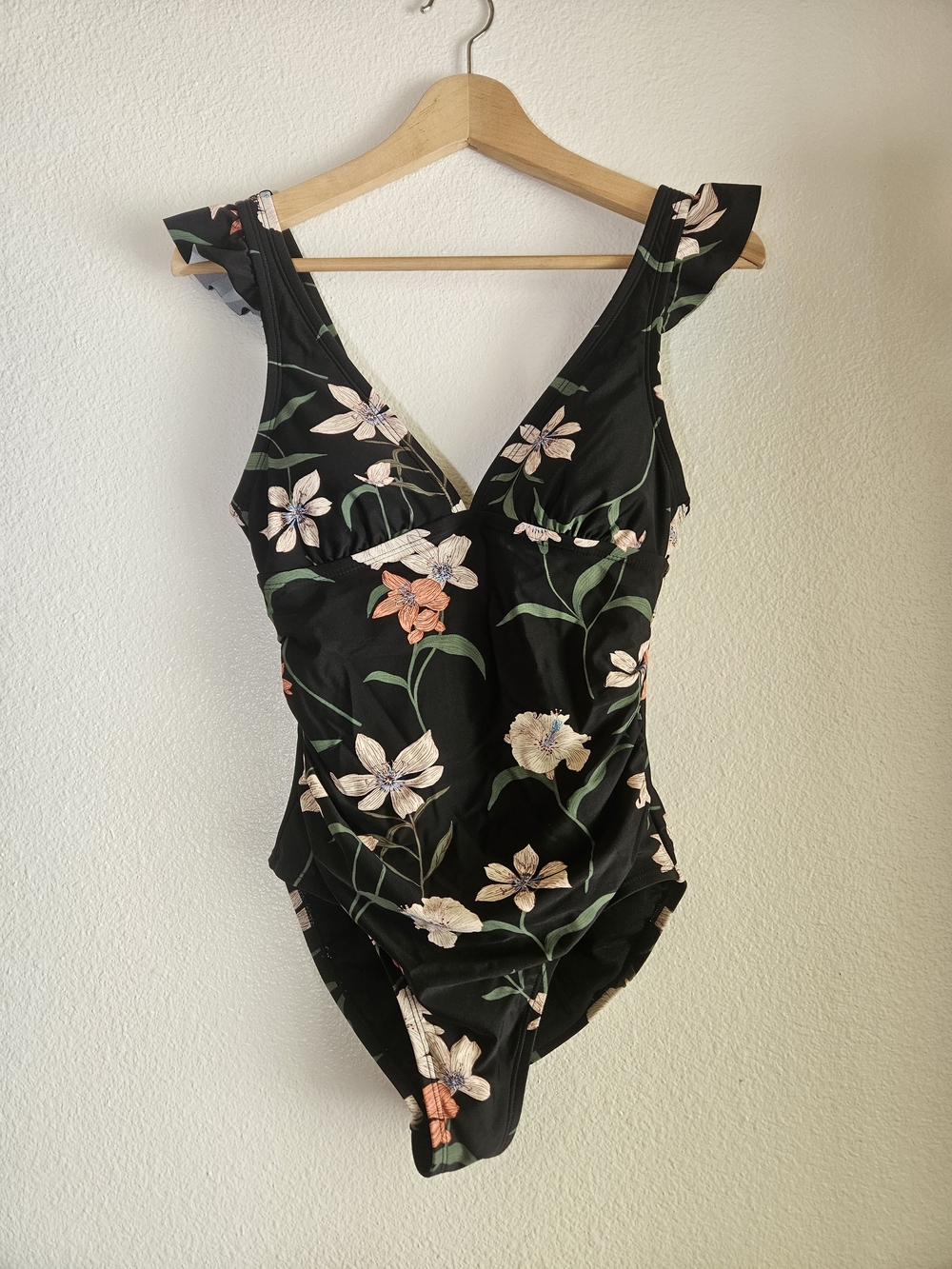 Shade & Shore Black Floral One-Piece Swimsuit Ruffle Sleeve Tummy Control